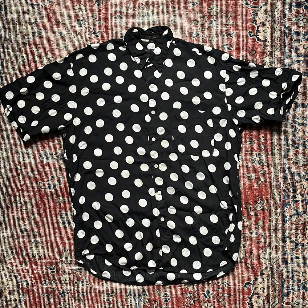 Perry Ellis Black White Polka Dot Short Sleeve Button Up